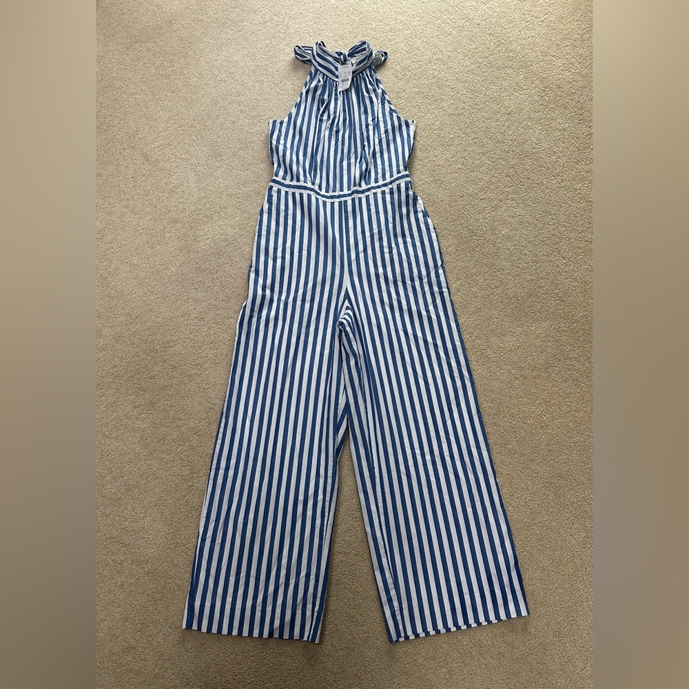 NWT J. Crew Striped Jumpsuit Halter Tie Women’s Size 6 Blue and White